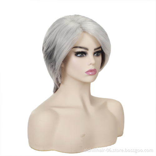 wholesale heat resistant short ombre silvery with gray color wig with Partial part synthetic hair wigs for women